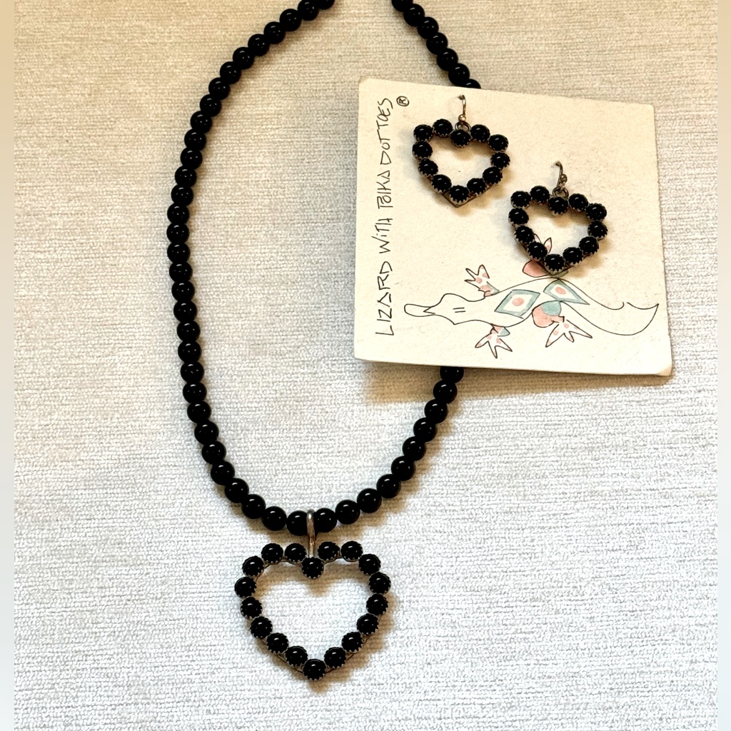 Black Beaded Heart Necklace & Earrings Set